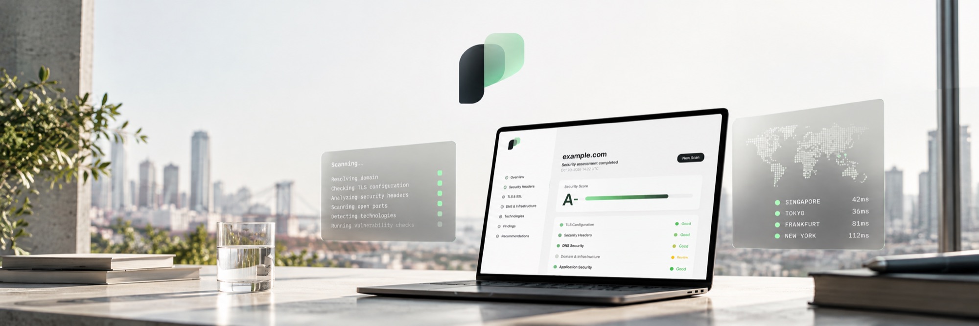 Pentest Agent report dashboard on a laptop with live scan panels